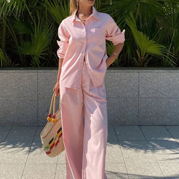MODA ME COUTURE Denim - Pink Casual Women's Collared Loose Shirt & Straight-Leg Denim Pants Set